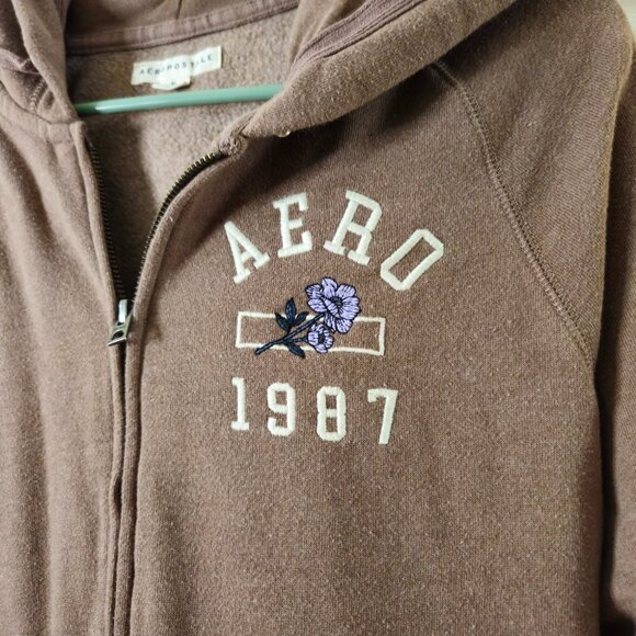 Aero 1987 Hoodie Womens Sz XL New York Flower Full Zip Pockets Taupe Fleece Line - Picture 2 of 7